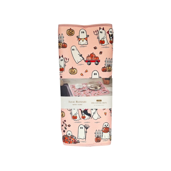 Set Of 2 Isaac Mizrahi PINK HALLOWEEN GHOSTS PUMPKINS Drying Mats 16 x 22 - Picture 1 of 5